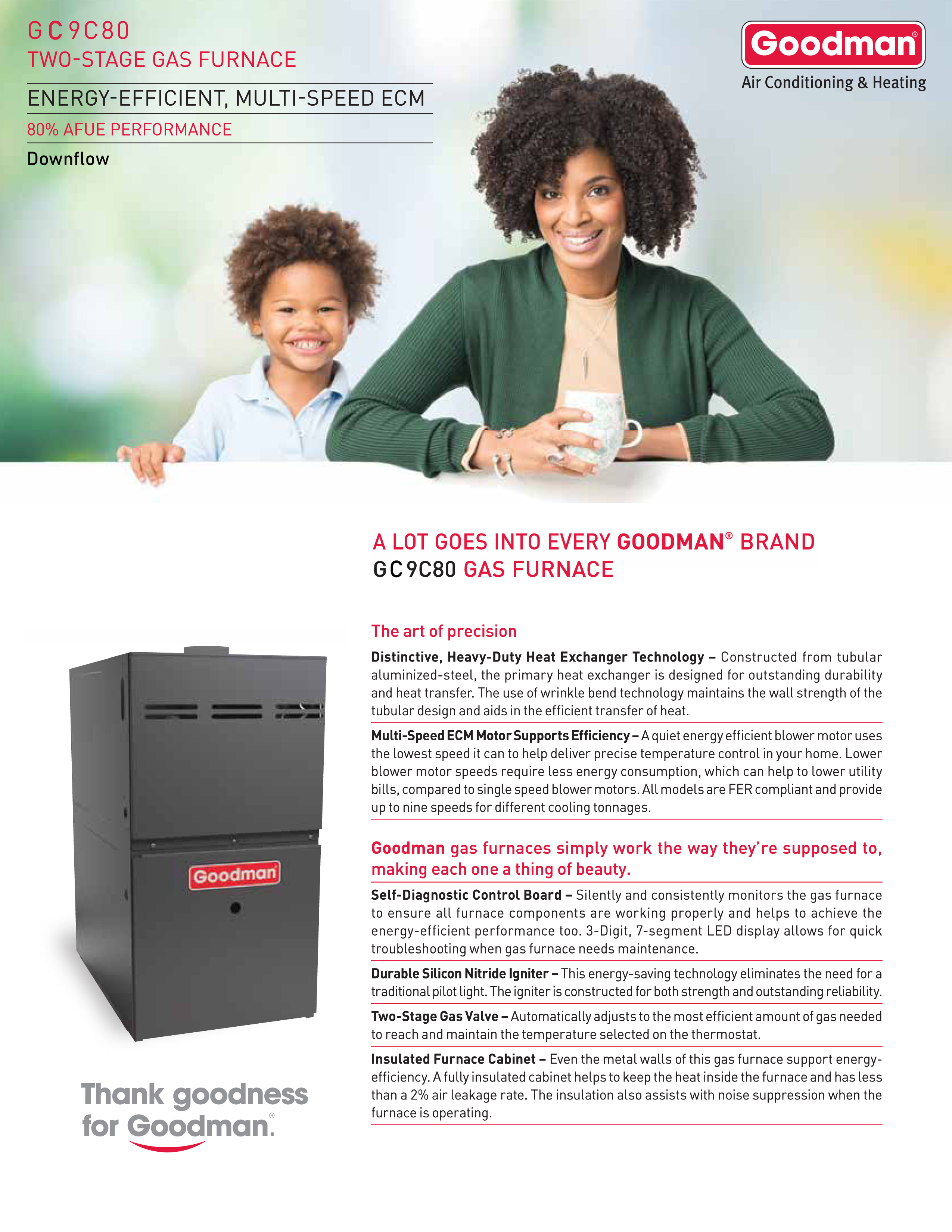 Goodman 80% Two Stage 100K BTU Gas Furnace, GC9C801005CX DOWN-FLOW